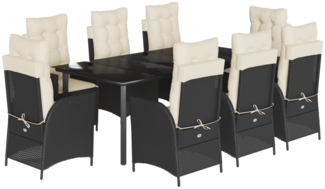 vidaXL 9-tlg. Garten-Essgruppe mit Kissen Schwarz Poly Rattan 3213173