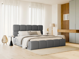 Vente-unique - Bett mit Bettkasten - 140 x 190 cm - Stoff Leder-Optik - Grau - DAMADO von Pascal Morabito
