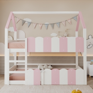 Merax Etagenbett 90*200 cm, Kinderbett Jugendbett Hausförmiges Design mit erhöhten Sicherheitsgeländern. Das Obere Bett verfügt über Einen Lattenrost. Rosa