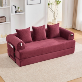 Flieks 2-Sitzer Sofa, Schlafsofa Zusammenlegbares Kompressionssofa mit robustem Metallrahmen, Seitentaschen plus 3 Kissen, Weinrot