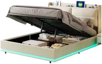 FUROKOY Polsterbett Doppelbett Stauraumbett Hydraulisch anhebbarer mit LED Licht Beige, 160x200 cm,Gepolstert,mit USB+Type C,Drahtlose Ladeschnittstelle