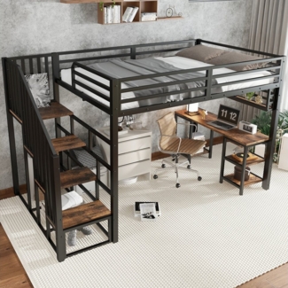 MODFU Kinderbett mit Schreibtisch und Regal zur Aufbewahrung, Robuste Lattenroste (Hochbett mit Treppen und Handläufen, Metallbett 120x200 cm), ohne Matratze