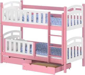 WNM Group Hochbett mit Rausfallschutz und 2 Schubladen Suzie - aus Massivholz - Kinderbett für Mädchen und Jungen - Absturzsicherung Kinderhochbetten 190x80 cm - Rosa