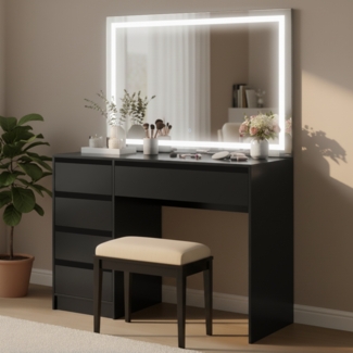 Bellamio 'Nore' Schminktisch mit Spiegel, mit 5 Schubladen, beidseitig montierbar, schwarz, 75x53x110 cm, LED-Beleuchtung mit mit 3 einstellbaren Lichtfarben