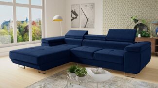 Ecksofa Divo mit Schlaffunktion, Bettkasten und einstellbare Kopfstützen (Dunkelblau (Kronos 09), Ecksofa Links)