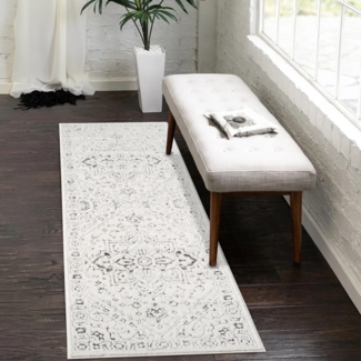 Teppich Läufer - 80x300cm Creme-Grau Bodenbelag Hochtief Struktur Flachflor - Ornamte Muster Boho Design Wohnteppich