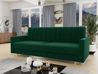 Schlafsofa Sara - Sofa mit Bettkasten und Schlaffunktion, Bettsofa, Schlafcouch mit Holzfüße, Velours (Grün (Kronos 19))