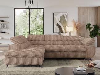 Ecksofa mit Bettfunktion, Modern Sofa, L-form, Einstellbare Kopfstützen, Bettkasten, PEDRO, 1x Ecksofa, Braun, Cord, links