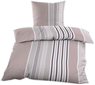 Casa Colori Bettwäsche Biber 135x200 cm mit Reißverschluss 100% Baumwolle, Biber, 2 teilig, Beeren Altrosa Taupe mit Streifen