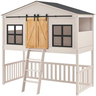 Juskys Kinderbett Farmhaus 90 x 200 cm mit Treppe, Dach & Fenster – Hochbett rosa für Kinder – Lattenrost bis 150 kg – Hausbett aus Massivholz