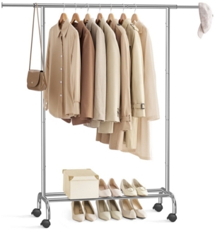 SONGMICS Stand Appendiabiti Con Ruote, Attaccapanni Estensibile in Metallo, Con Ripiano Portaoggetti Rialzato, 40 x (83-120) x 156 cm, Portata Totale 45 kg, Argento