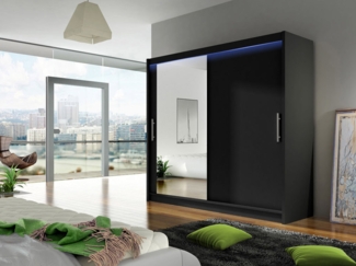 Kleiderschrank London VI, mit RGB LED Beleuchtung, Farbe: Schwarz / Spiegel