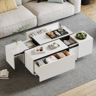 HAUSS SPOLE Couchtisch mit Hochglanzoptik, 4 Schubladen, verschiebbare Tischplatte, weiß (Satztisch, Wohnzimmertisch, Beistelltisch, 1-St, 4 Schubladen), mit Hochglanzoptik, verschiebbare Tischplatte