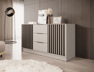 MOEBLO Kommode JOHN 3D (dekorative Lamellen Schrank Sideboard mit 2 Türen und 3 Schubladen, Moderne Wohnzimmer Schlafzimmer Möbel Kommode für Wohnzimmer), (BxHxT): 155x86x45 cm