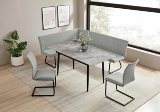 OTTO home Eckbankgruppe Stevian, (Set, 4-tlg, 1 ausziehbarer Esstisch + 1 Eckbank Recamiere links + 2 Stühle), Holz, Strukturstoffbezug, Freischwingerstühle, gesteppten Bänken