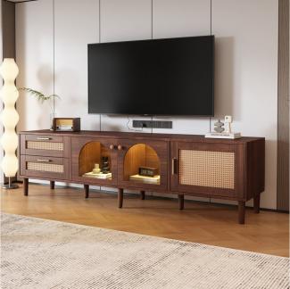 OKWISH TV-Schrank Lowboard für 80-Zoll-Fernseher (mit LED-Beleuchtung, 1-St) 1 Rattan-Tür, 2 Rattan-Schubladen, 2 gewölbten Glastüren