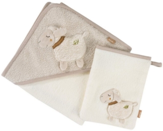 Fehn Bade-Set Schaf Natur – Bade-Set Handtuch & Waschlappen mit Bio-Baumwolle (KBA) – mit Tiermotiv für fröhlichen Badespaß – für Babys und Kleinkinder ab 0+ Monaten