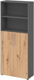 bümö Mehrzweckschrank 80cm breit, Aktenschrank o. Schuhschrank hoch, Regal Schrank-Kombi, Küchenschrank in Graphit/Asteiche aus Holz, Vorratsschrank & Haushaltsschrank mit Metallgriffen, 4770-G-R-BM