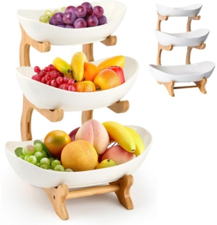 HEYHIPPO Obstschale Dreistöckiger Obstständer, gestufter Obstkorb aus Bambus, weiß, (Dreistöckiges Obsttablett), Rutschfestes, leicht zu reinigendes Stufenregal-Snacktablett