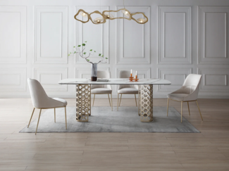 Vente-unique - Esstisch - 8 Personen - Sicherheitsglas & Keramik - Marmor-Optik Weiß & Goldfarben - GOLDENA