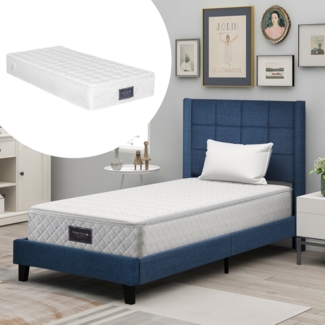 Polsterbett 90x200 cm mit gepolstertem Kopfteil, Stoffbett in Blau, stabile Holzlatten, ruhiges Design,inklusive Matratze