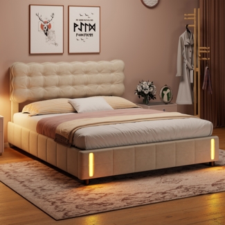 Polsterbett 140x200cm mit Stauraum und Lattenrost, Boxspringbett Doppelbett mit Fußende Bewegungsmelder, Massivholzbett Funktionsbett, Samt, Beige