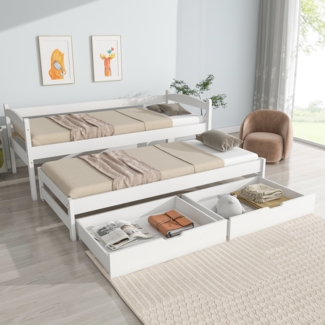 Merax Tagesbett(200x90cm/190x90cm), Einzel- und Doppelbett, Schiebebett mit Rollen unten, mit 2 MDF-Schubladen, Massivholzrahmen, weiß