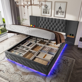 LVHOM Boxbett 140x200cm diamantgeprägtem Knopf Bettgestell, Samt, LED, langes Kopfteil, USB-Ladeanschlüssen, hydraulischem Stauraum-System, freie Staubschutzhülle für Stauraum als Geschenk