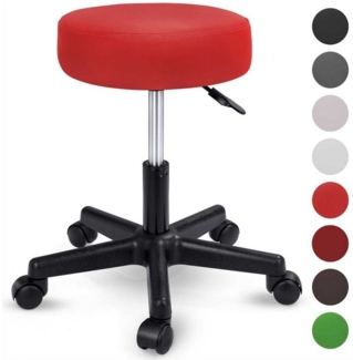 TRESKO Rollhocker höhenverstellbar Rot 150 kg | Hocker Drehhocker 10 cm Dicke Polsterung 47-60 cm | Arbeitshocker Bürohocker 360° drehbar mit Rollen