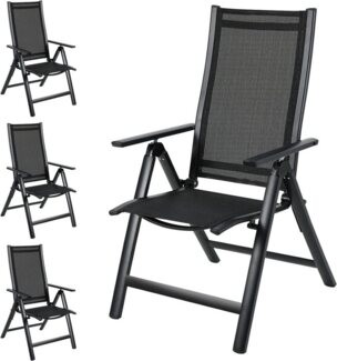 TLGREEN Gartenstuhl Luxus Klappstuhl mit Verstellbarer Hochlehner (Balkonstuhl Klappbar, Aluminiumstuhl Klappbar Mit 7-Fach Verstellbarer Rückenlehne, 4 St), Belastbarkeit 120KG, Schwarz