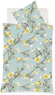 Fleuresse Mako-Satin Bettwäsche 200x220 Zitronen Blüten Vögel smaragd 114345-05