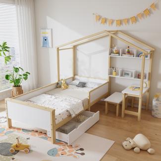 Merax Massivholzbett Kinderbett Hausbett 90x200cm mit Schublade, Regalen, Tisch und Hocker, Weiß+Natur