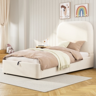 Merax Polsterbett, Einzelbett, Kinderbett 90 x 200cm, hydraulisches Funktionsbett, Bett mit Lattenrost, Kopfteil und großem Stauraum, Samt, beige