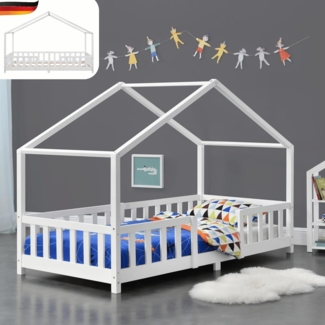 DELUKE® Kinderbett 90x200 cm MILA - mit Lattenrost Rausfallschutz Hausbett Kinder Haus Bett Kinderzimmer Bodenbett Einzelbett Kinder Bett Klein Kinderbett Montessori Bett Weiß