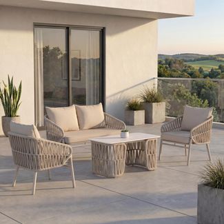 Gartengarnitur HWC-P90, Lounge-Set Gartenlounge Sofa Sessel Tisch, Seilgeflecht Rope Stoff/Textil (180g/m²) ~ creme