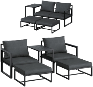 STEELSØN 'Asteri' Gartenlounge-Set, 5-tlg. Metall Sitzgruppe mit 2 Sesseln, 2 Hockern und Tisch, inkl. Polster, schwarz/anthrazit