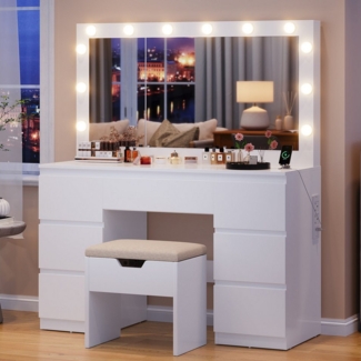 HOMALL Schminktisch Großer Schminktisch, Maße 120 x 40 x 140 cm, mit Schmuckschrank (LED-Beleuchtung und Steckdosen, großer Spiegel 105 cm, mit 7 Schubladen)