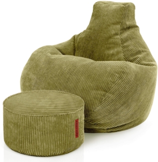 Green Bean® Sitzsack mit Hocker aus Cord - Sitzsäcke für das Wohnzimmer, Schlafzimmer, Sitzsack-Sessel für Erwachsene Grün