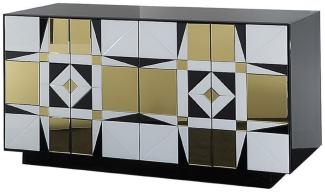 Casa Padrino Luxus Sideboard Schwarz / Weiß / Gold 140 x 45 x H. 80 cm - Massivholz Schrank mit 4 verspiegelten Türen - Luxus Möbel