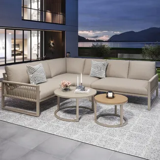 Merax Gartenlounge-Set 5-tlg, Gartensofa mit 2 Gartentisch, Gartenmöbelset Loungegartenmöbel Balkonmöbel für 6 Personen, Balkonmöbel aus Seil, beige