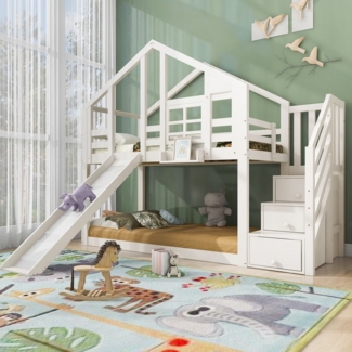 HAUSS SPOLE Etagenbett 90x200 cm Baumhaus mit Schublade und Rausfallschutz, Rutsche Weiß (Hausbett Baumhaus, mit 2 Schlafplätze, 3 Schublade), mit Rausfallschutz, 90x200 cm