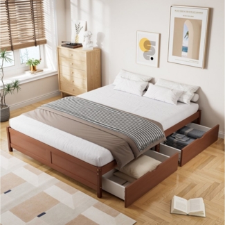 REDOM Stauraumbett Einzelbett Kinderbett Funktionsbett Doppelbett Jugendbett Flachbetten (Stabiles Flachbett in Vintage-Holzfarben für Erwachsene und Kinder – Kiefernholzrahmen, mit zwei Schubladen und Lattenrosten, 140x200 cm), ohne Matratze
