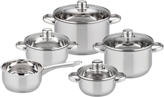 Elo Basic Topf-Set Galactica, Edelstahl 201 (Set, 9-tlg, je 1 x Kochtopf mit Deckel Ø 14/16/20/24 cm, 1 Stielkasserolle Ø 16 cm), Induktion