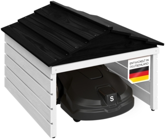 STEELSØN 'Nembus' Mähroboter Garage, Massivholz Kiefer, weiß/schwarz, mit UV-Schutzlackierung, wetterfest, 53x74x78 cm, mit abnehmbarem Dach