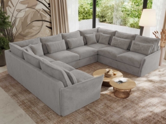 Modulares U-förmiges Wohnzimmer-Ecksofa, XXL Ecksofa mit Armlehnen, Wohnlandschaft, Universal-Ecksofa mit lockeren Kissen - VERSO U 8M - Hellgrau Plüschstoff