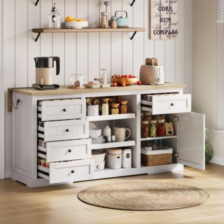 MODFU Sideboard Küchenbuffet,Kommode (Buffet-Sideboard, Bar-Schrank & Kücheninsel - Mit Klappbarer Erweiterungsplatte, 5 Schubladen und integrierten Steckdosen), mit Schublade