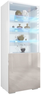 Vladon Standvitrine Granada (Vitrinenschrank, mit Glastür und Glaseinsatz inkl. LED) Weiß matt/Sandgrau Hochglanz (50 x 122,5 x 34,5 cm)