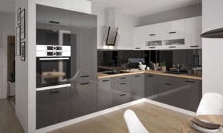 L-Form Küchenzeile ESSEN TREND 336x225cm perlweiß Front weiß graphit Hochglanz