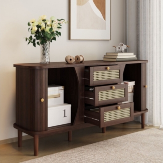 BlingBin Kommode Sideboard (1 St, mit Rattanschubladen und holzfarbenen Türen), 140,5x76x40 cm