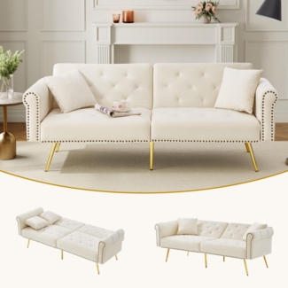 Merax Modernes 2-Sitzer-Schlafsofa – Samtbezug, Rückenlehne mit 3-stufiger Verstellung & vergoldete Metallfüße Stilvolles Sofa mit Schlaffunktion, Beige